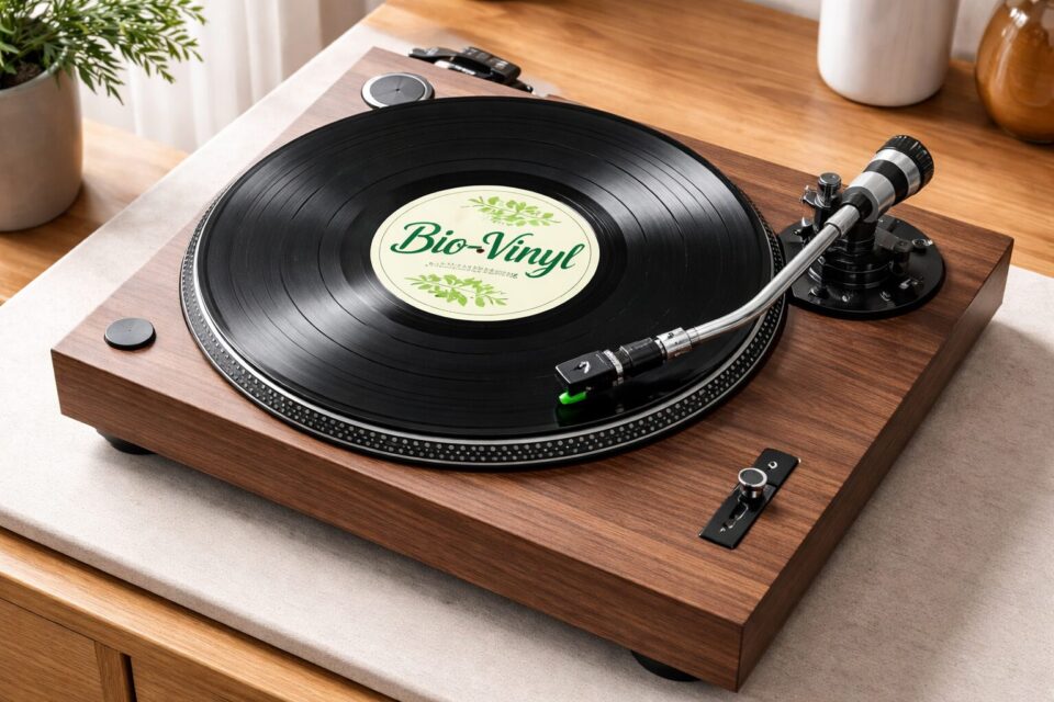 Disco BioVinyl realizzato con PVC bio‑attribuito e packaging riciclato, rappresenta i vinili sostenibili